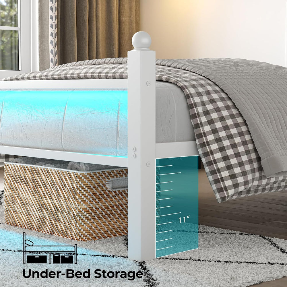 CollaredEagle Full Bed Frame with LED Lights and Charging Station, White