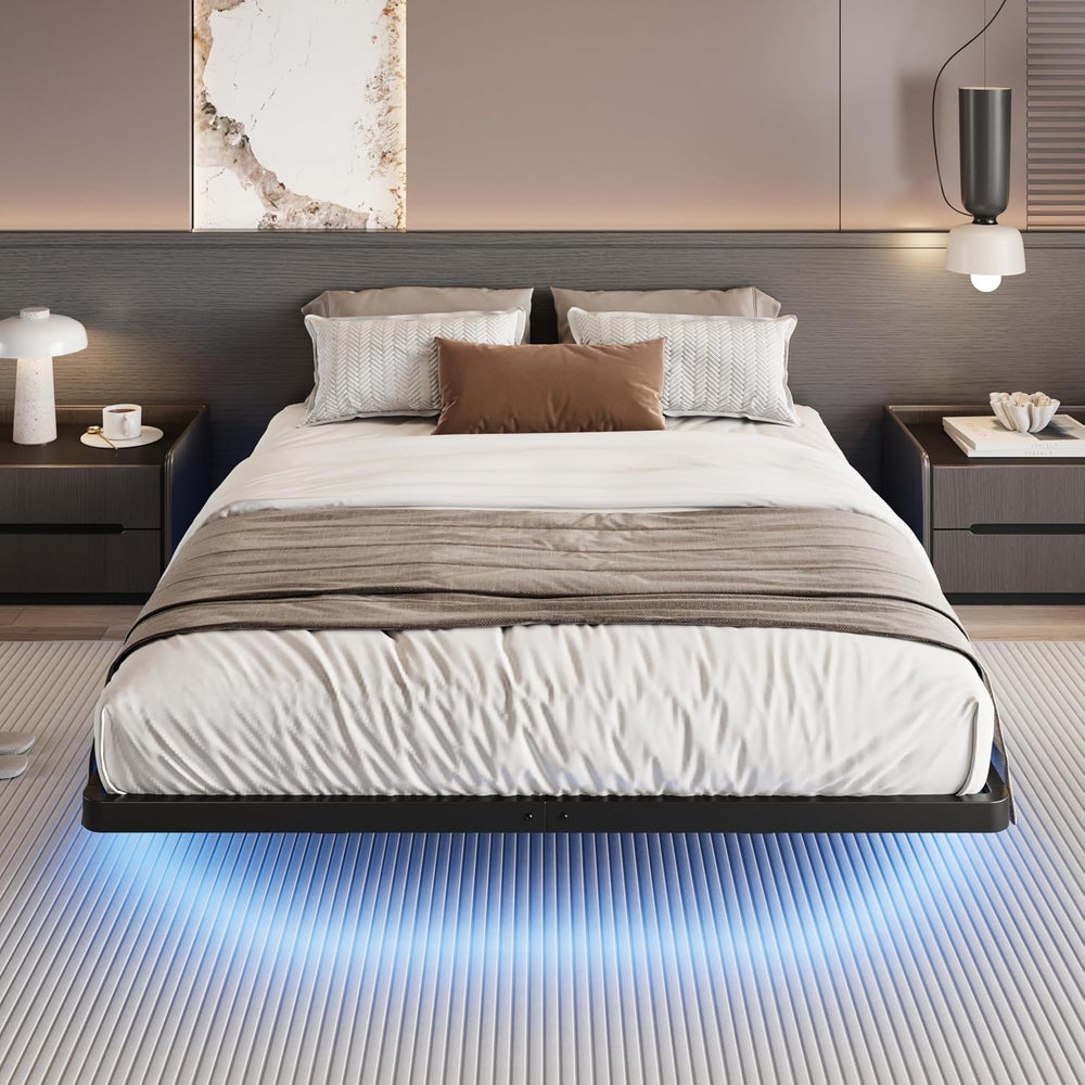 SHA CERLIN Queen Size Floating Bed Frame with Smart LED Lights, Black