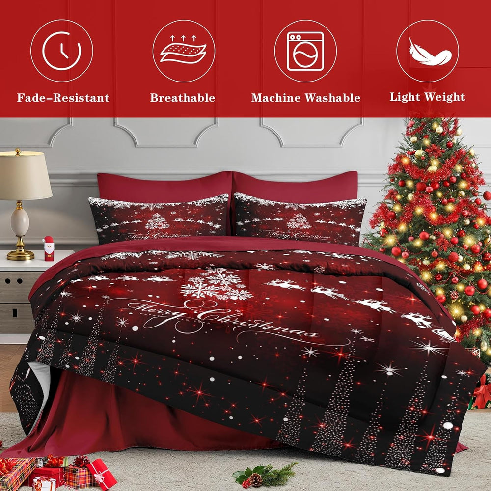 WeCozy Queen Christmas Comforter Set with Sheets, 7 Pieces Dark Bedding