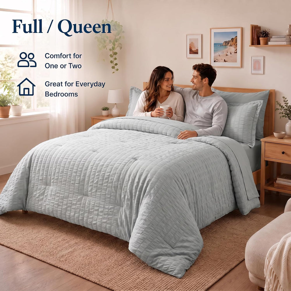 CozyLux Queen Comforter Set, 7 Pieces Light Grey Seersucker Bed in a Bag