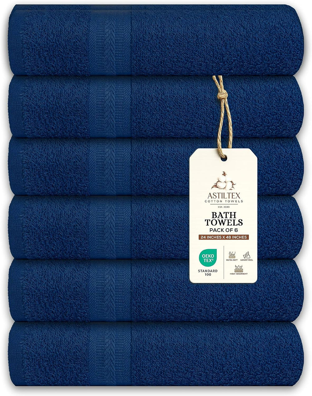 Bath Towels Pack of 6 – 24" x 48" – 100% Cotton Terry, Soft, Quick-...