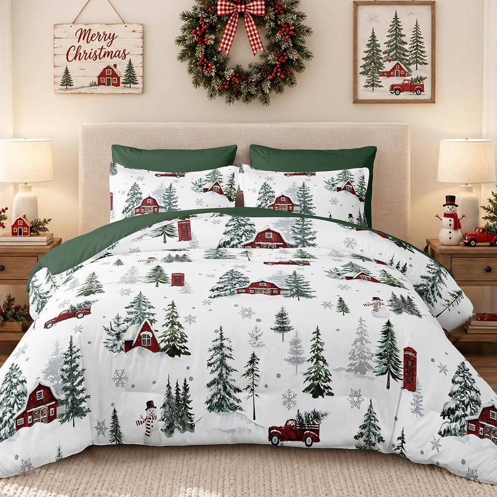 Green Christmas King Size Comforter Set, Christmas Tree Cabin Bedding