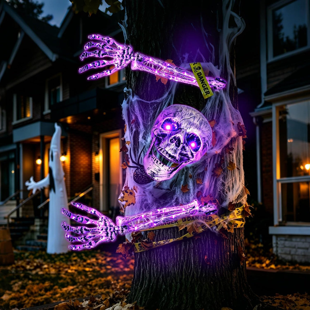 Halloween Skeleton Decorations Outdoor, Light Up Skull Head & Skeleton Hands Stake Lights, Battery Operated Purple LED Halloween Skull Decorations for Yard Lawn Garden Graveyard & Haunted House Decor