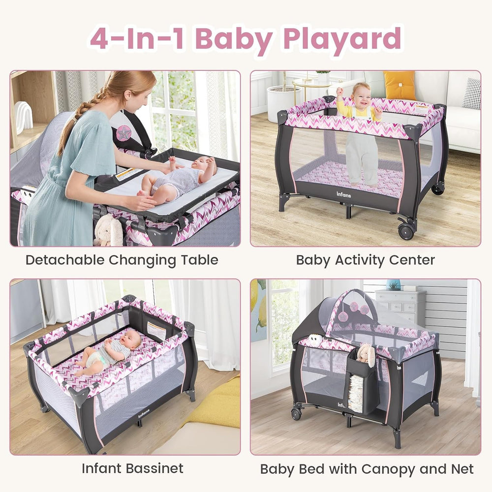 INFANS 4 in 1 Pack and Play with Bassinet, Changing Table, Storage Basket