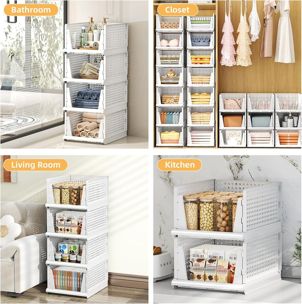 5 Packs Stackable Plastic Storage Basket for Closet Foldable Closet Organizer...