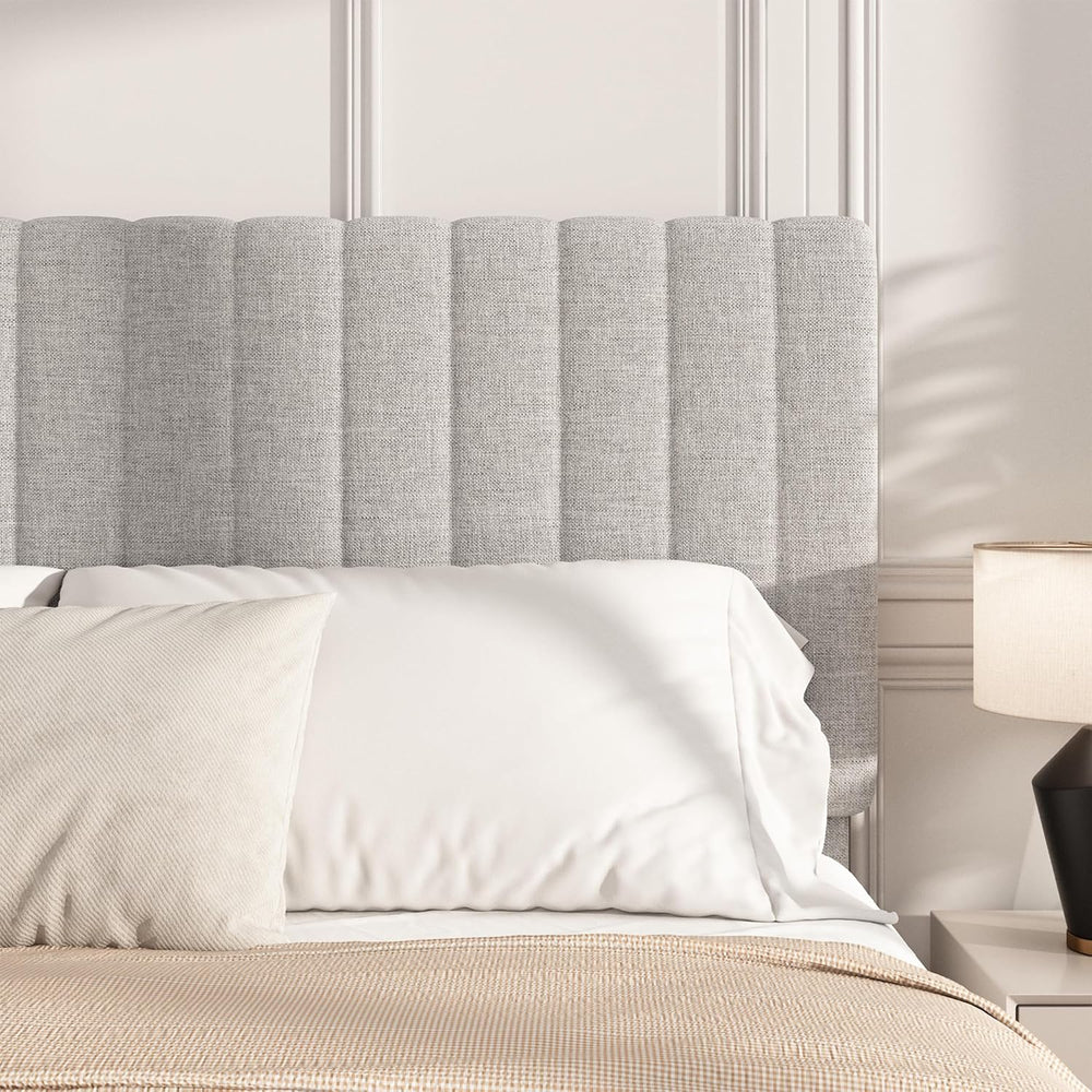 Full Linen Bed Frame with Vertical Channel Tufted Headboard Light Grey