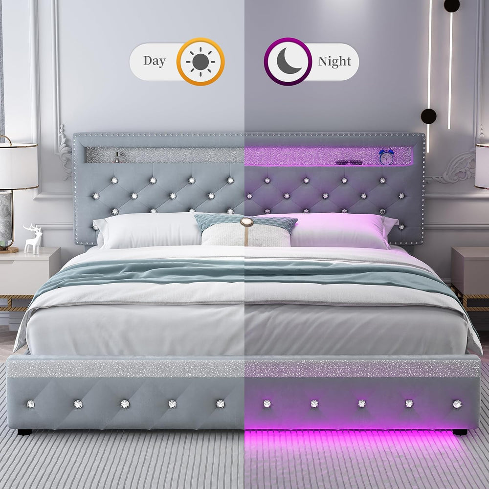 LED Queen Platform Bed Frame with 2 Storage Drawers, Grey