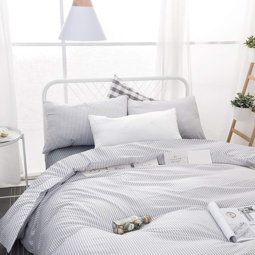 Wake In Cloud - Striped Cotton Duvet Cover Set, Ticking Stripe Pinstripe Farm...