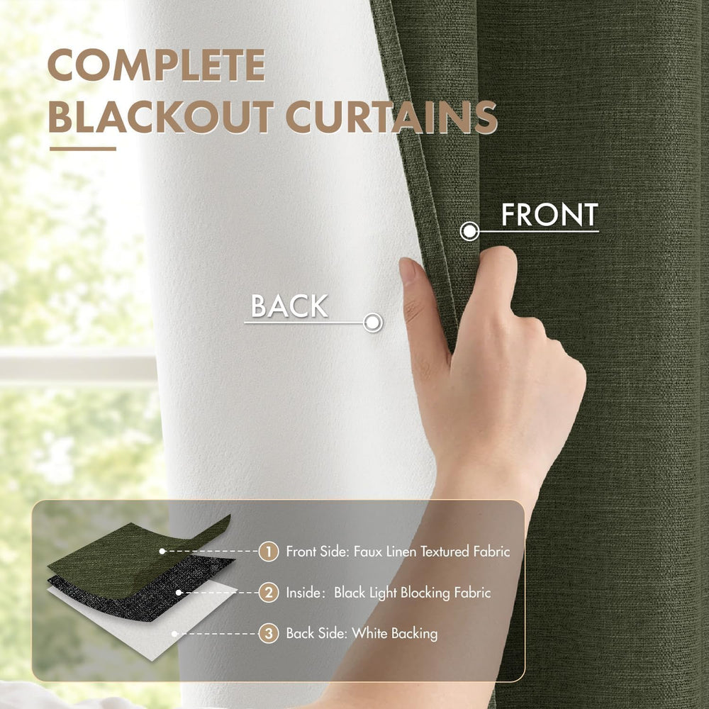 MIULEE Linen Textured 100% Blackout Curtains Drapes White Backing 96" Long