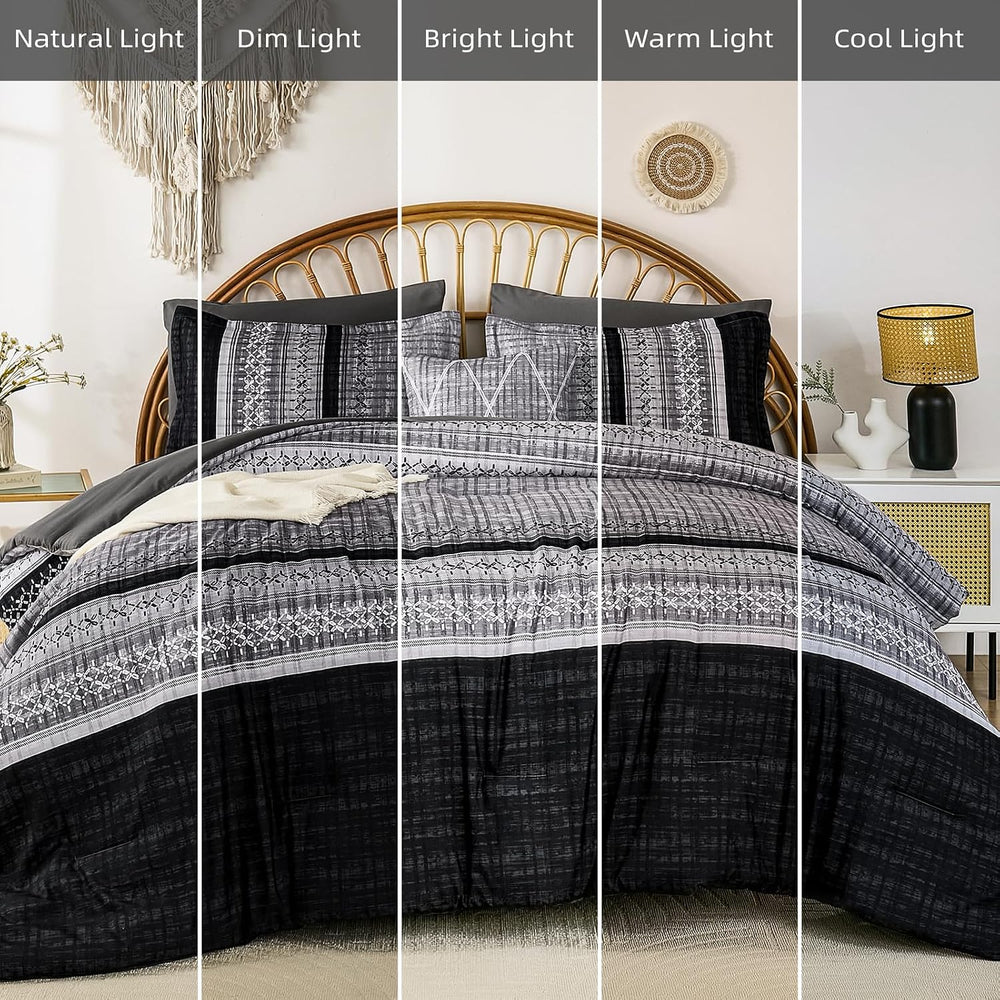 Dintszyayue Black Comforter Set King Size, 8 Pieces Boho Striped Bed in a Bag...