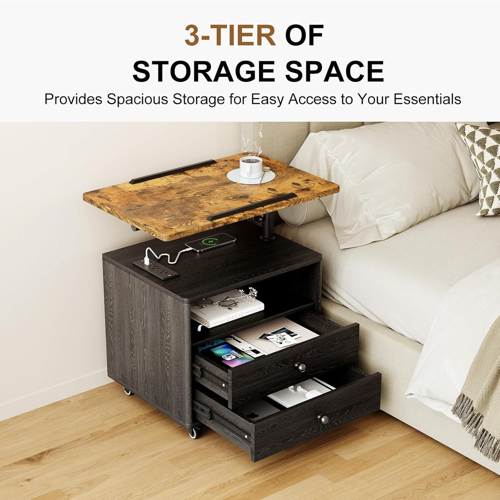 Bedroom Nightstand with Drawers & Charging Station, Adjustable Height Bed...