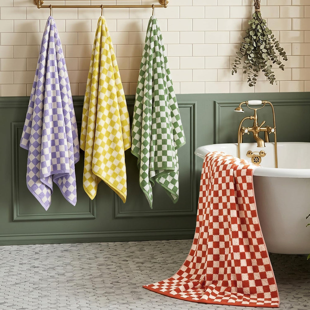 Checkered Bath Towels Set of 4 - Cotton Towels for Bathroom, Beach, Pool