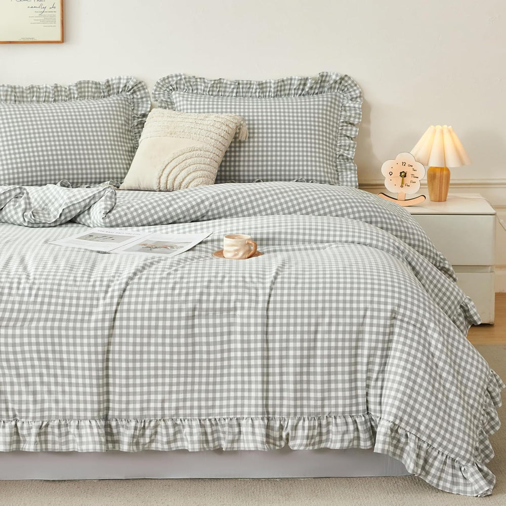 RYNGHIPY Gingham Comforter Set Twin 5 Pieces Gray Ruffle Plaid Bedding Set