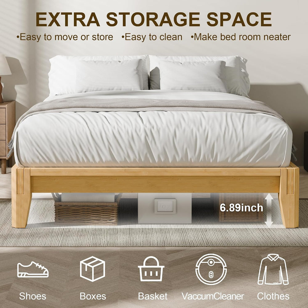 King Solid Bamboo Bed Frame, Japanese Joinery Platform Bed Frame(Natural)