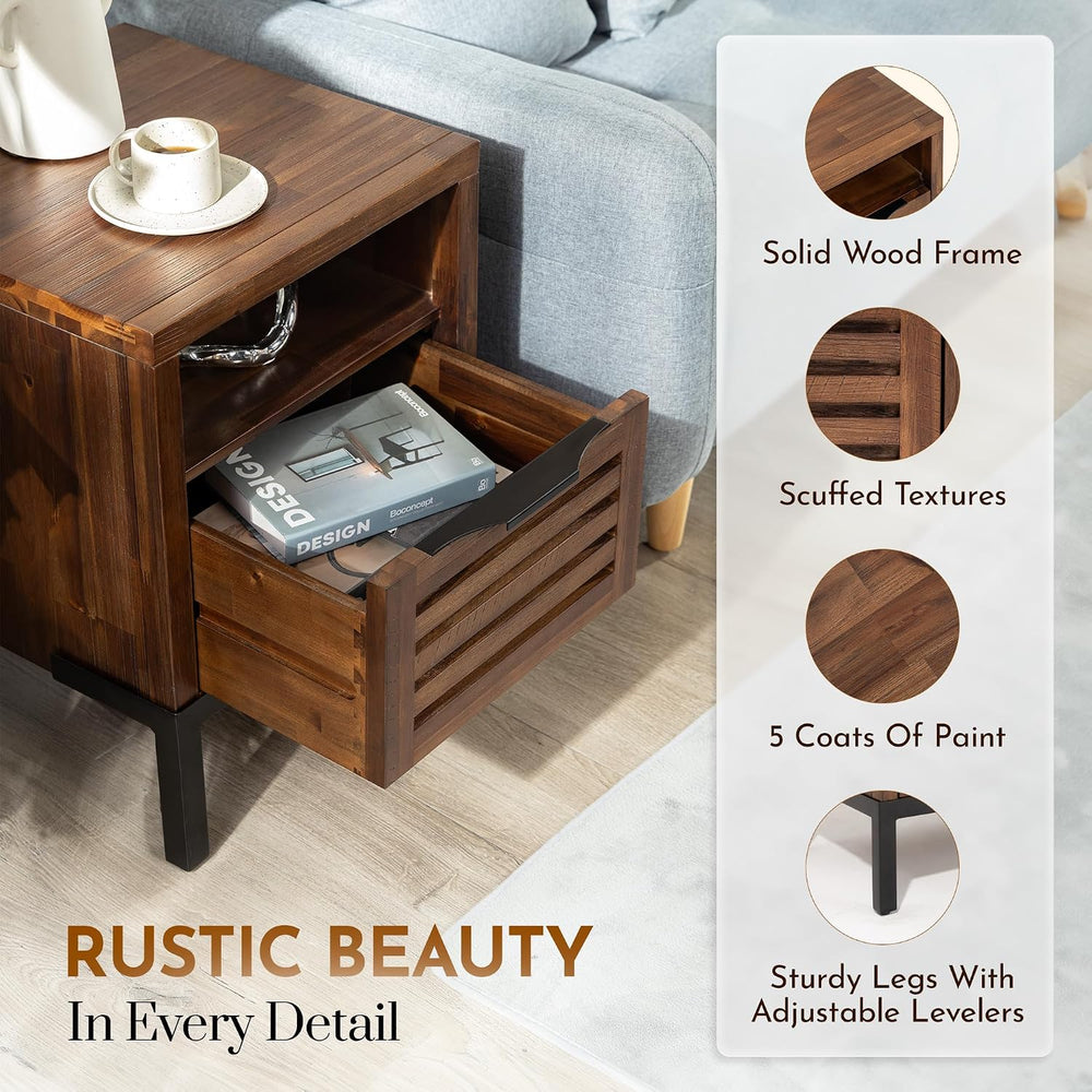 Bme Millie Solid Acacia Wood Rustic Nightstand with Drawers & Open Shelf,...