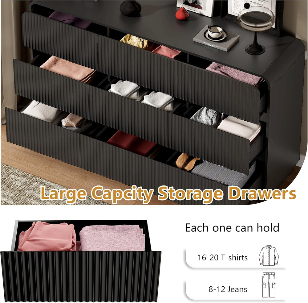 Wodeer Black Dresser Fluted 9 Drawers Dresser for Bedroom, 59" Wide Wood...