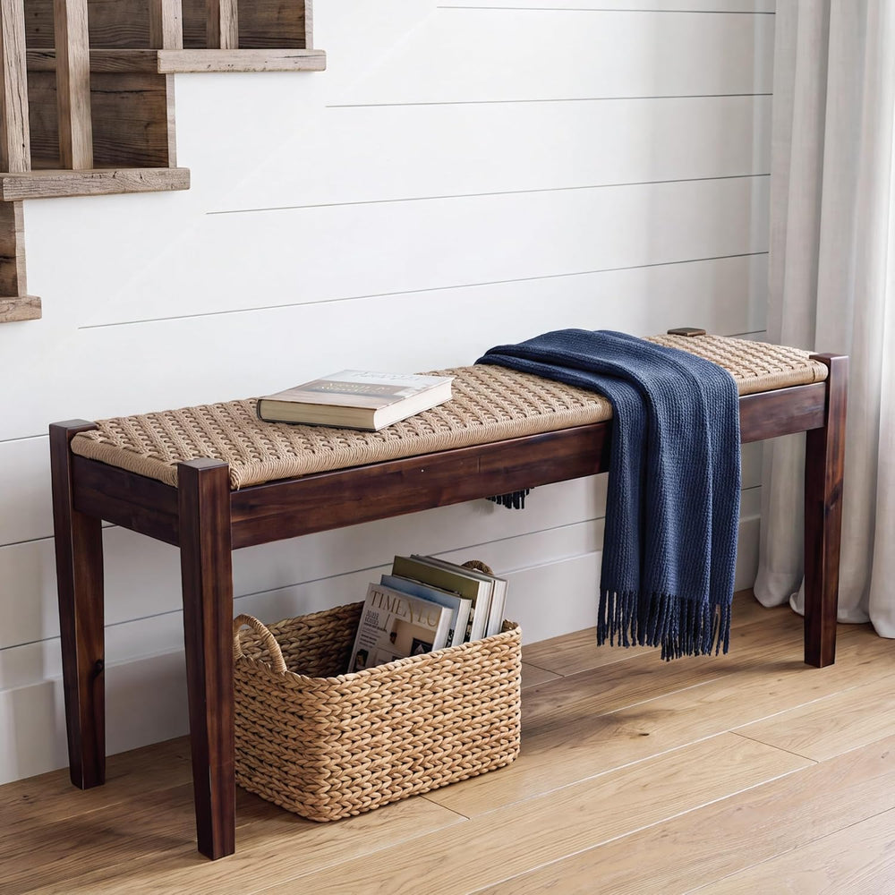 Vintage Entryway Bench with Woven Rope Seat, 46" Acacia Wood, Dark Brown