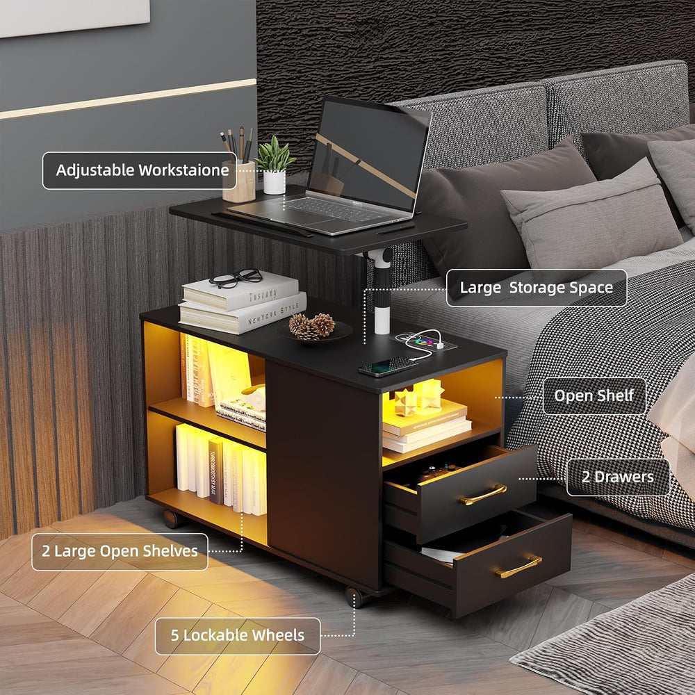 Nightstand with Adjustable Rotary Table,Charging Station(Black)