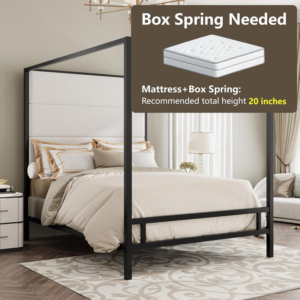 Merax Queen Size Metal Canopy Bed Frame, Modern Tall Upholstered Velvet Headb...