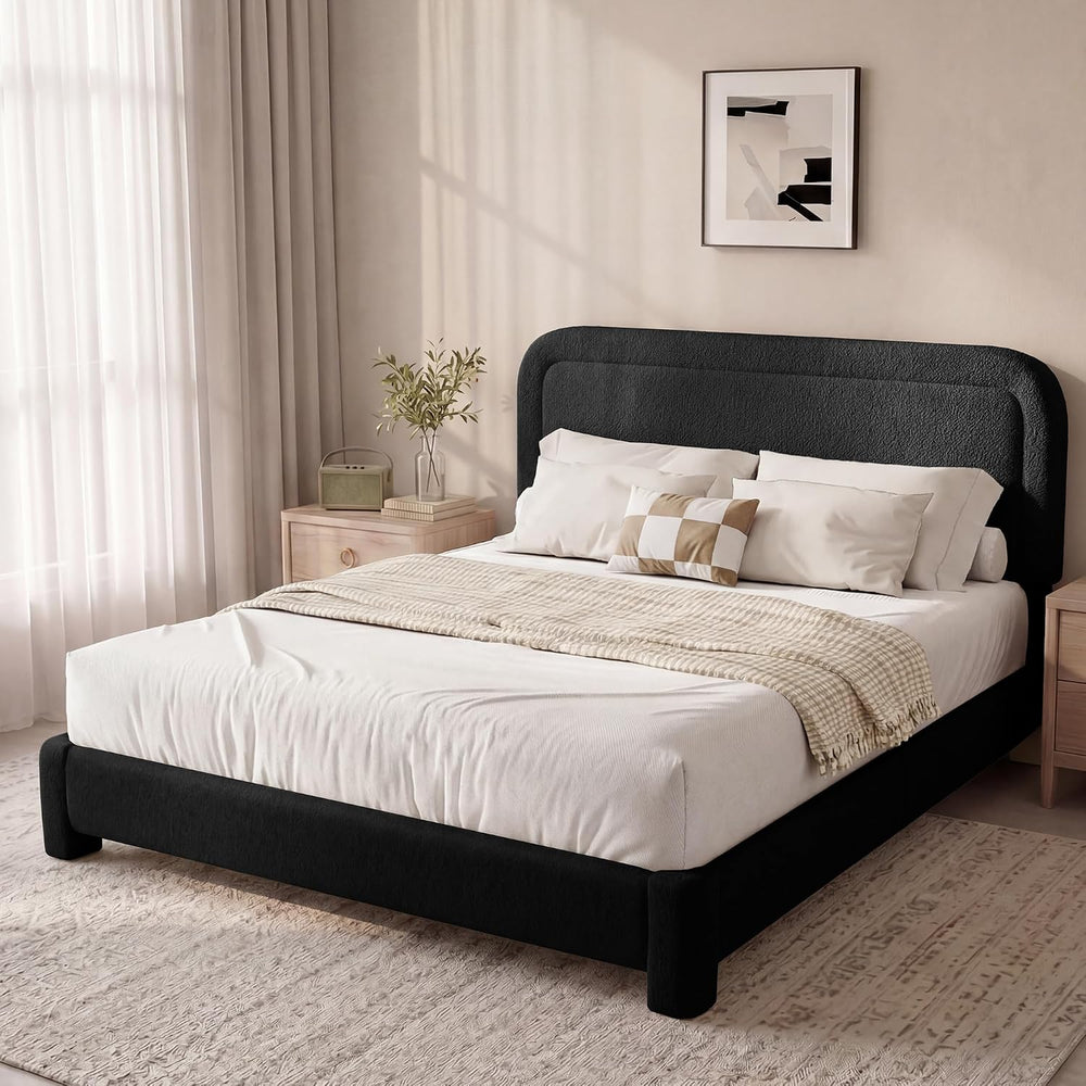 Vipbear Boucle King Size Bed Frame with Adjustable Headboard, Upholstered Clo...