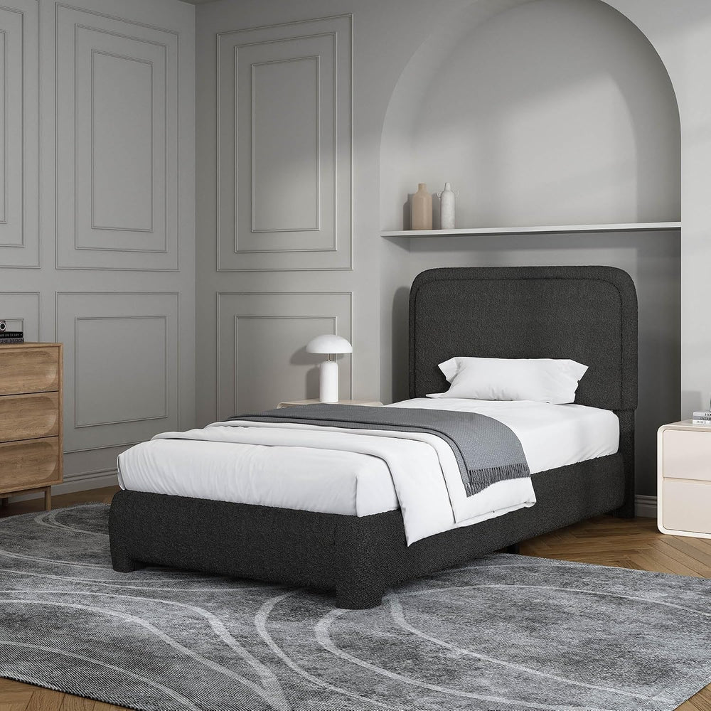 Twin Bed Frame, Cloud Boucle Headboard, Rounded Corners, Black