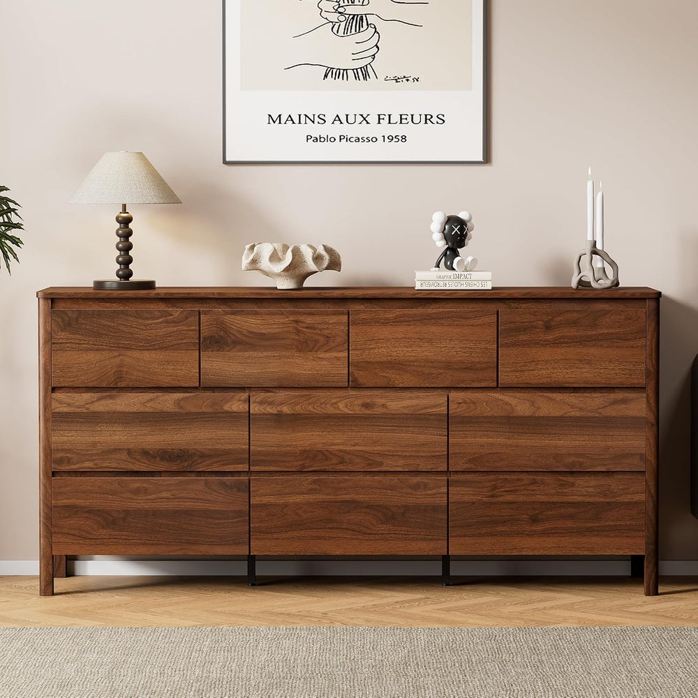 63.1" Wide 10 Drawer Wood Dresser for Bedroom with Legs, Walnut