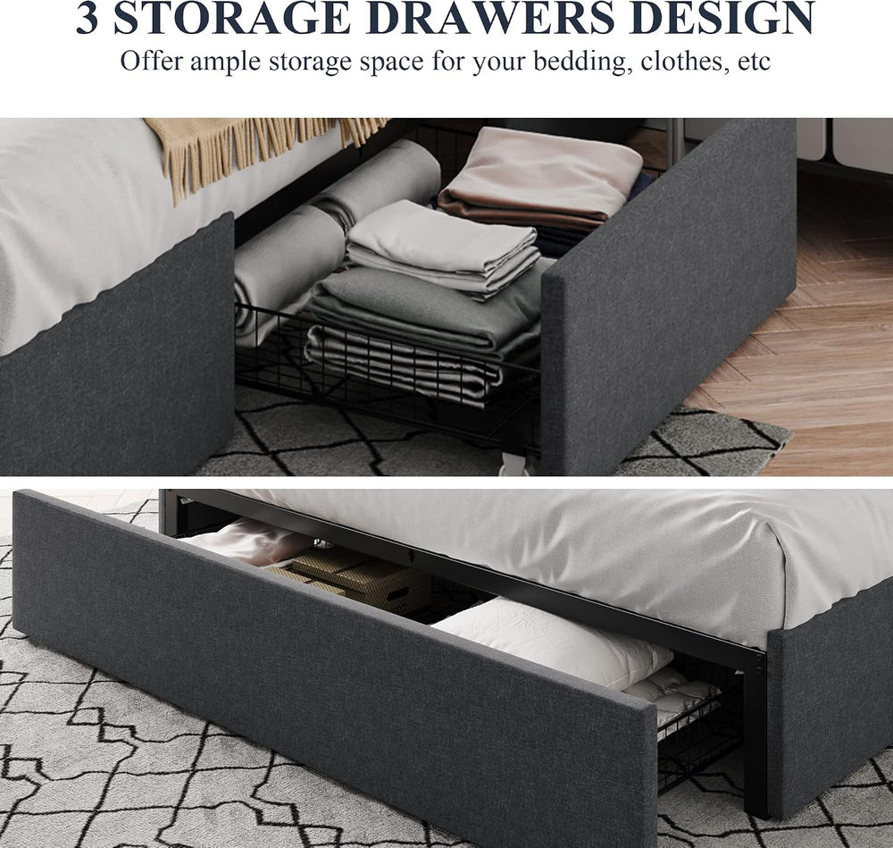 Allewie Full Size Platform Storage Bed Frame with 3 Drawers, Dark Grey