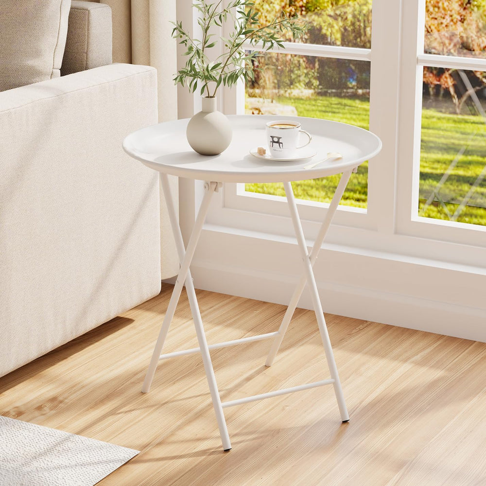 Garden 4 you Folding TV Tray Table, Metal Round Side Table, White Dinner Tabl...