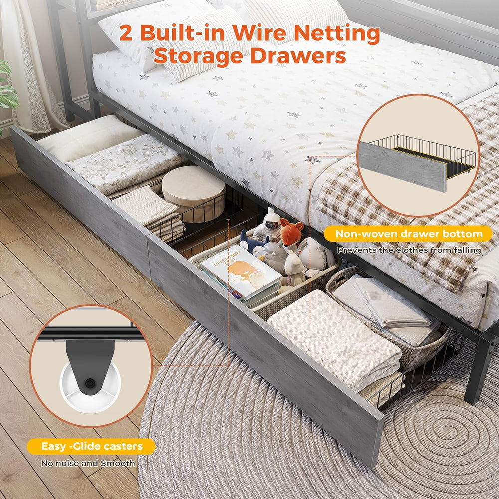 Corner Twin Bed Frame with Bookcase Storage Headboard & Led Lights,Oak Gray