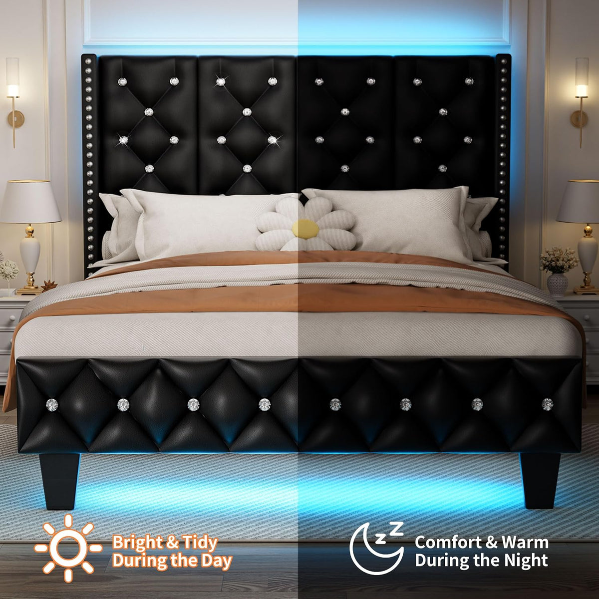 upholstered full size bed frame with headboard &, front angle view