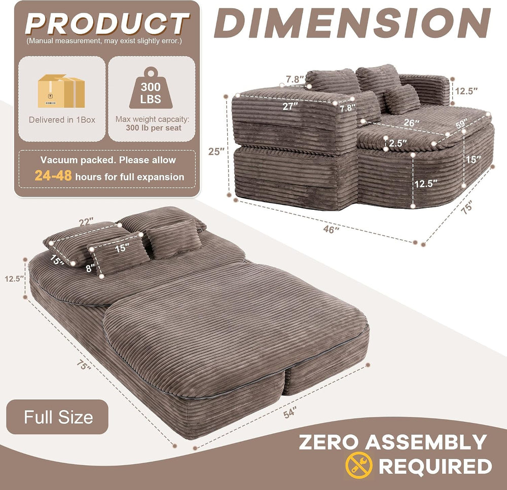 75'' Folding Sleeper Sofa Bed, Memory Foam Fold Out Couch, Boneless F...