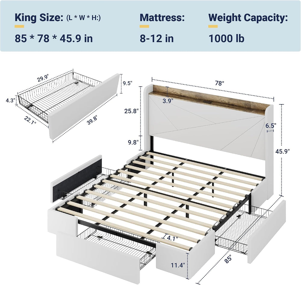 Allewie King Size Velvet Bed Frame with Storage Drawer and USB Ports, White