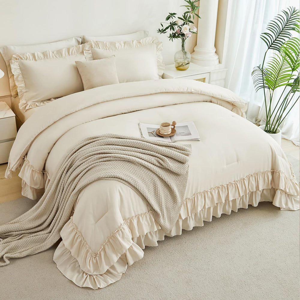 ANGIYUIN 5Pcs Beige Ruffled Comforter Set Queen Double-Layer Ruffle Bedding C...