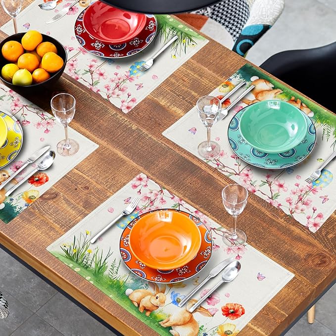 Giwawa Easter Placemats Set of 4 Spring Bunny Rabbits Flowers Place Mat 12x18 - Image 8