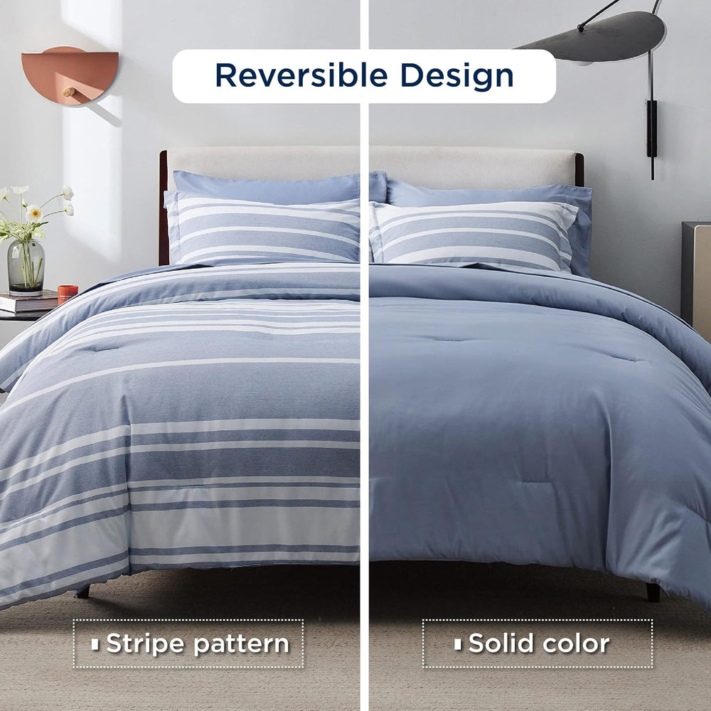 Bedsure Full Comforter Set 7 Pc, Blue Striped, Reversible, All-Season