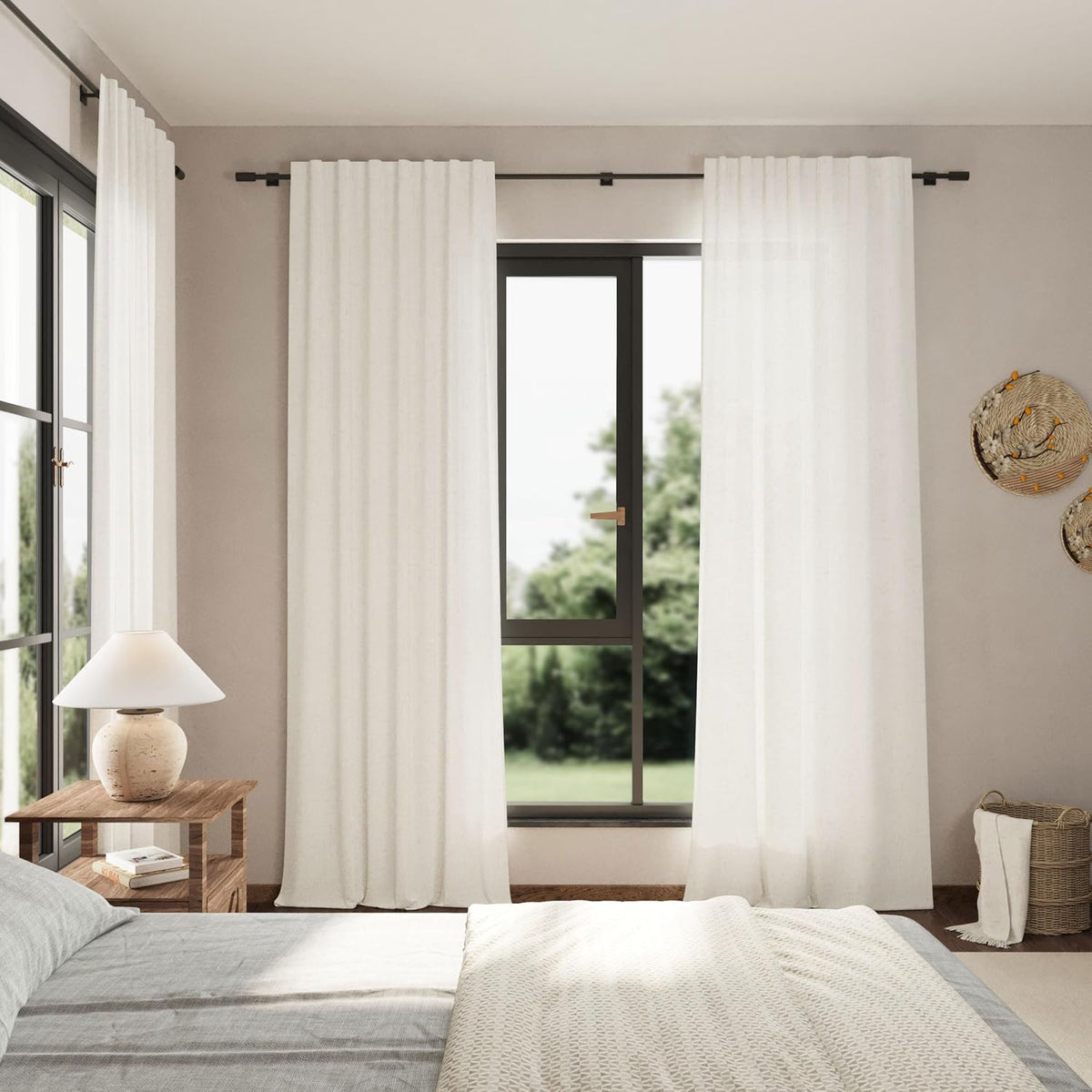 nanspring beige white linen curtains 96 inches long on a desk or shelf