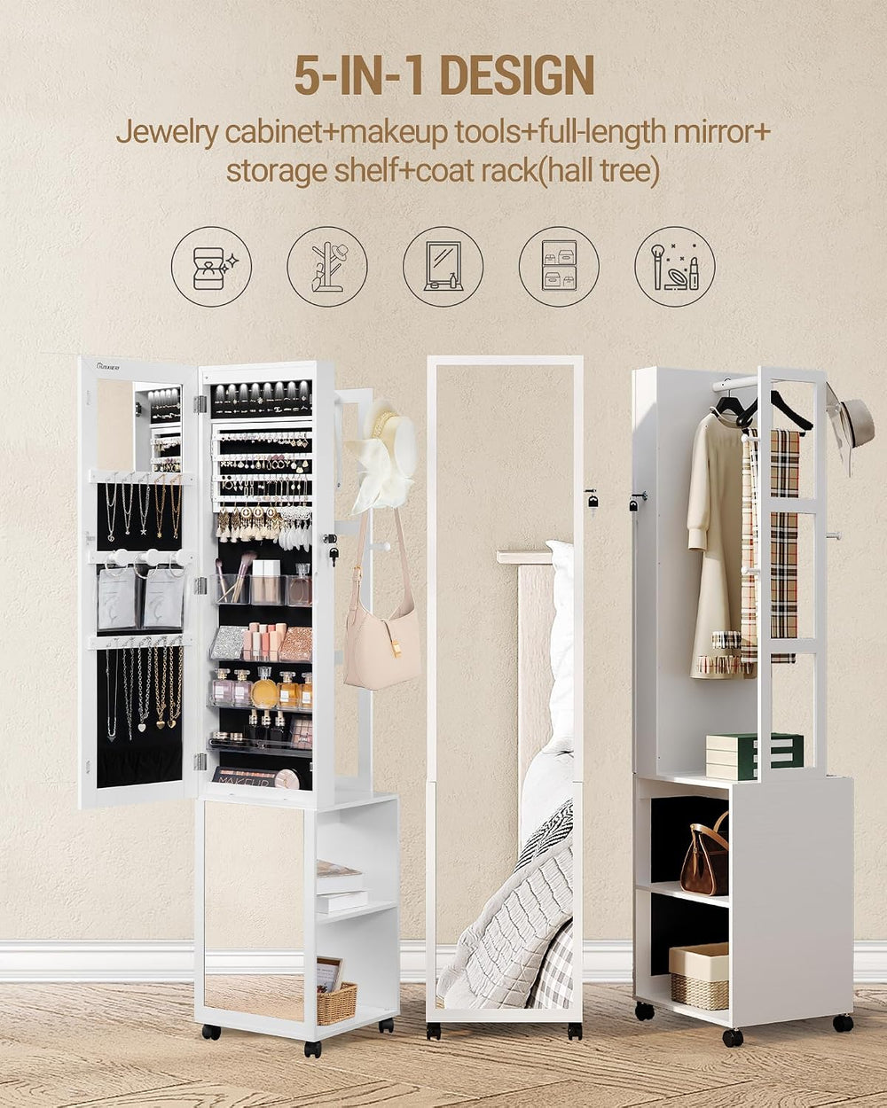 Hzuaneri 8 LEDs Jewelry Cabinet Armoire, 66.9-inch Jewelry Organizer