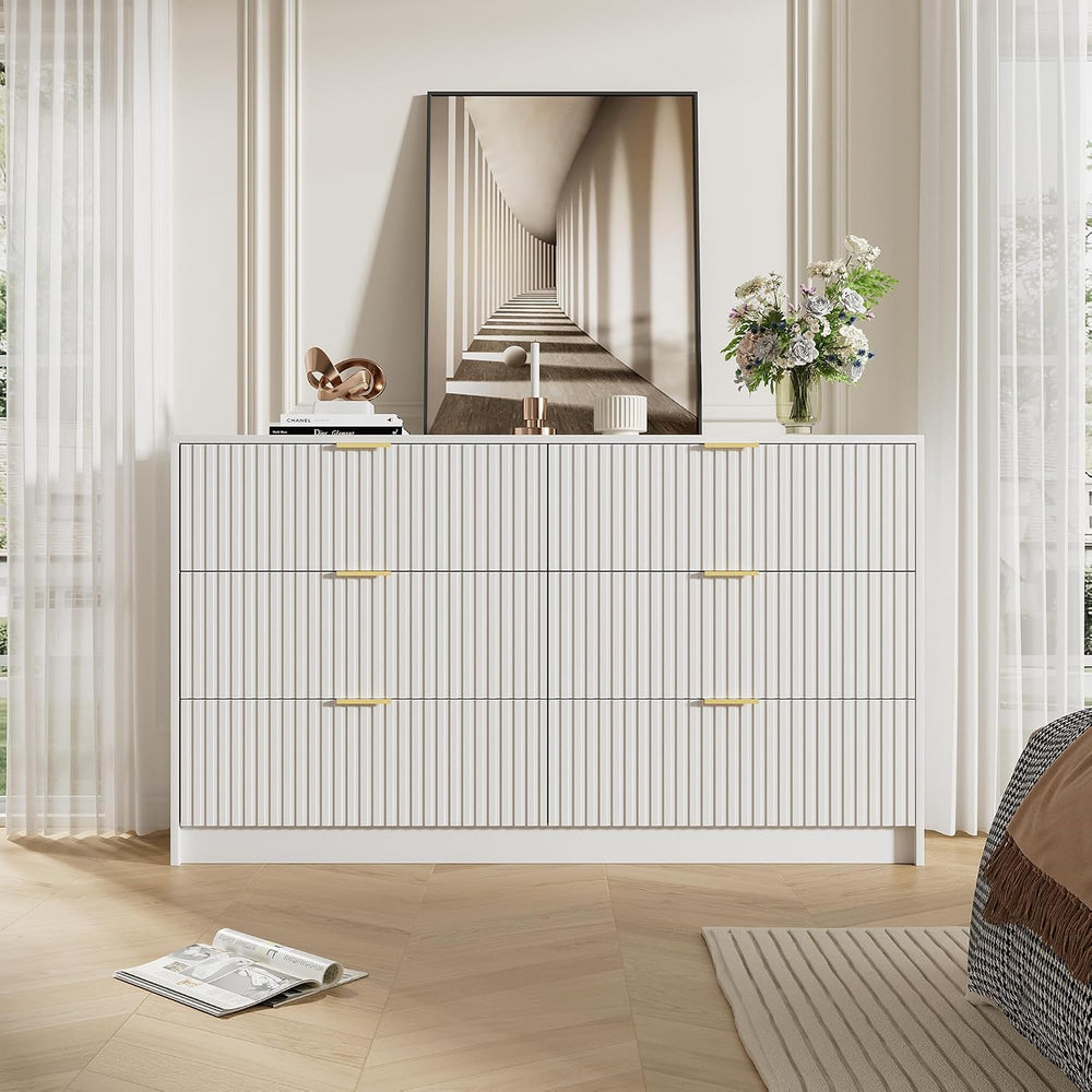 Furniway 55.1" Wide White Dresser for Bedroom, Fluted 6 Drawer Dresser