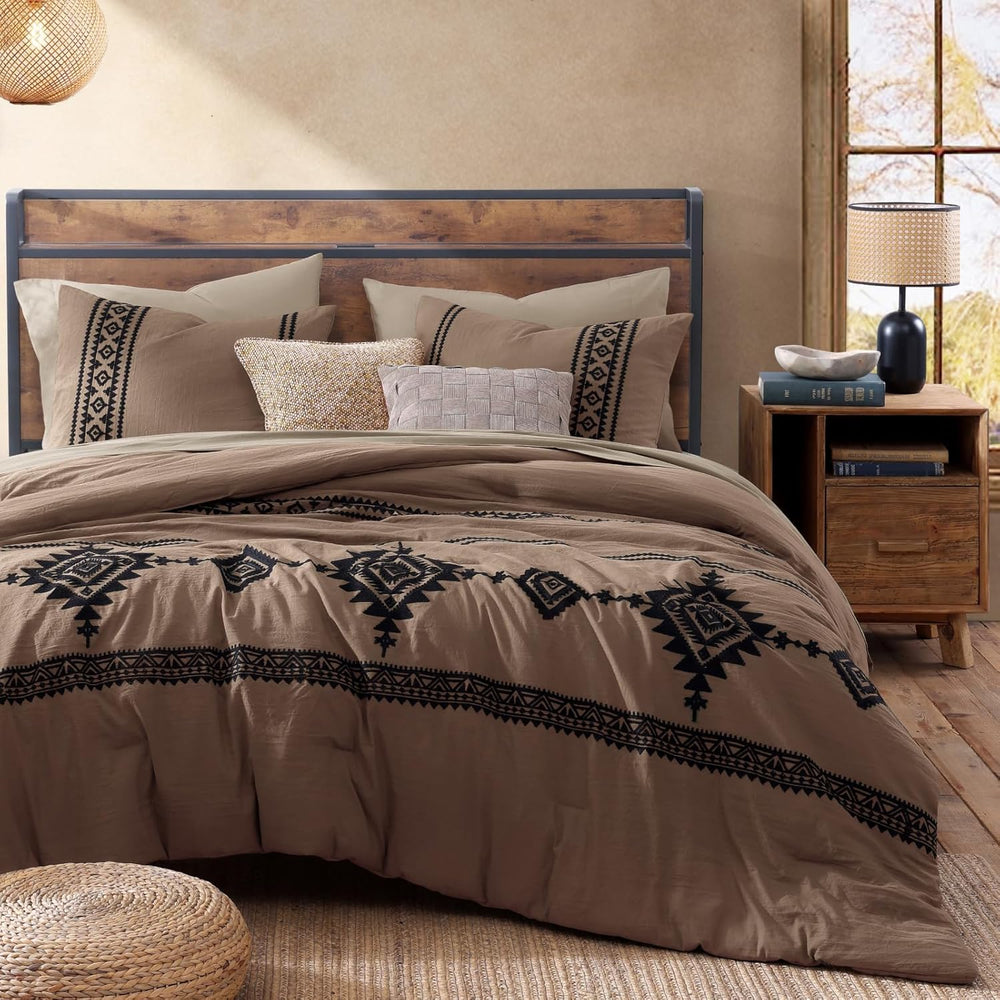 MaiRêve Embroidery Queen Comforter Set 7 Pieces Brown Bed in a Bag