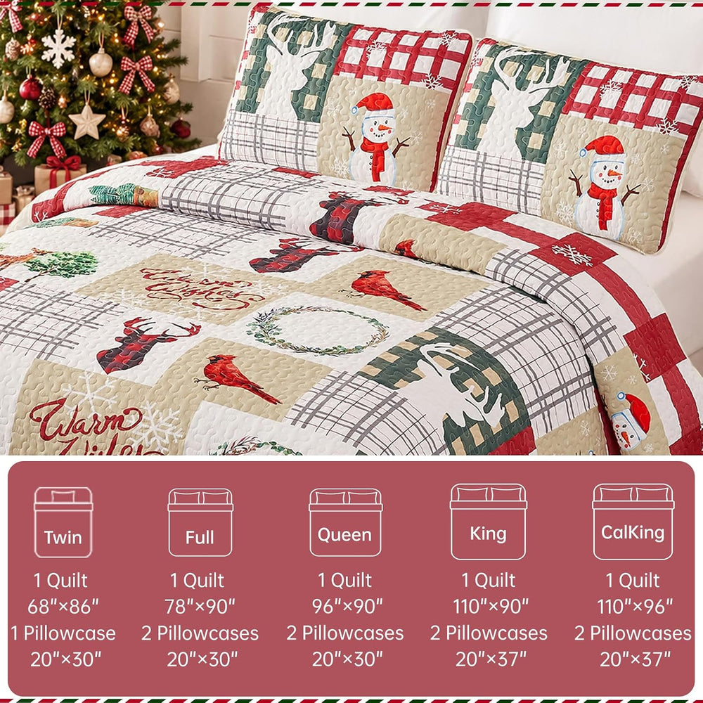 WONGS BEDDING Christmas Quilt Set Queen, Rustic Snowman Patchwork Bedding