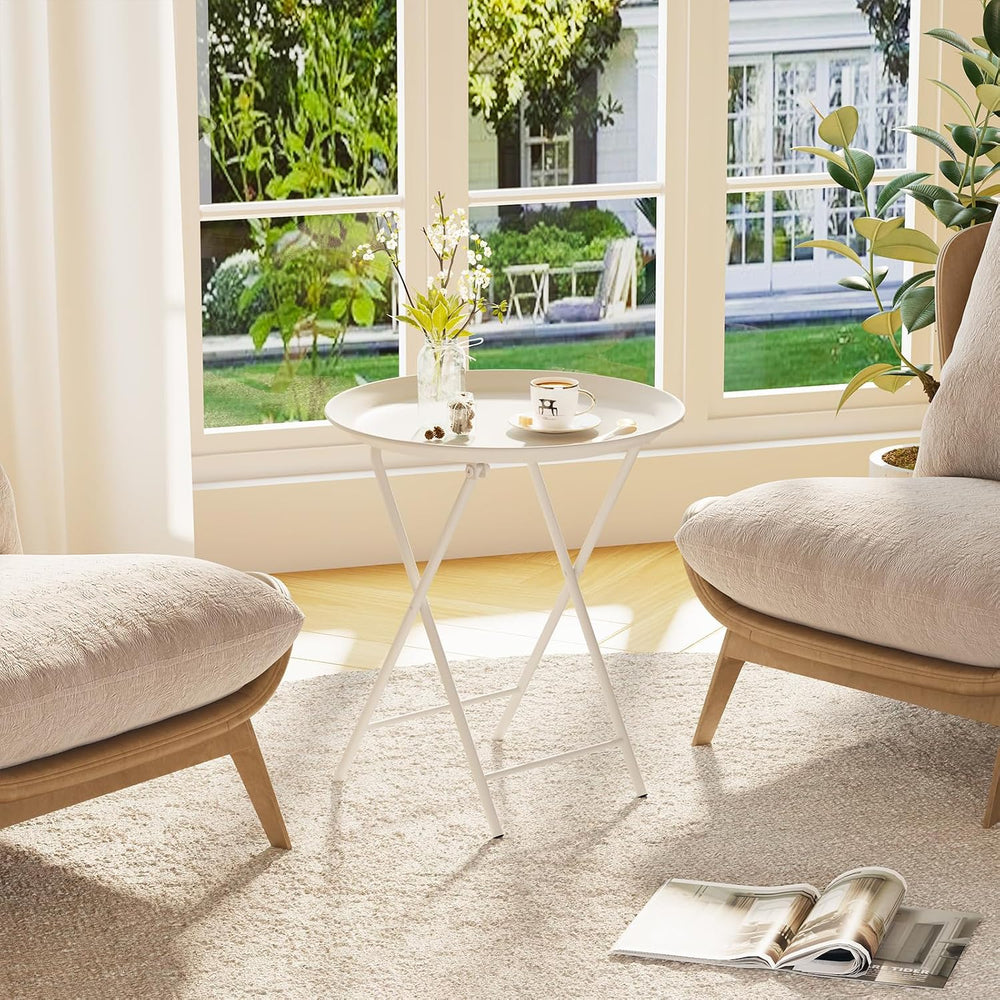 Garden 4 you Folding TV Tray Table, Metal Round Side Table, White Dinner Tabl...