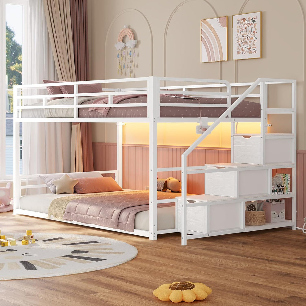 ADORNEVE Low Bunk Bed Twin Over Twin with Storage Stairs, White