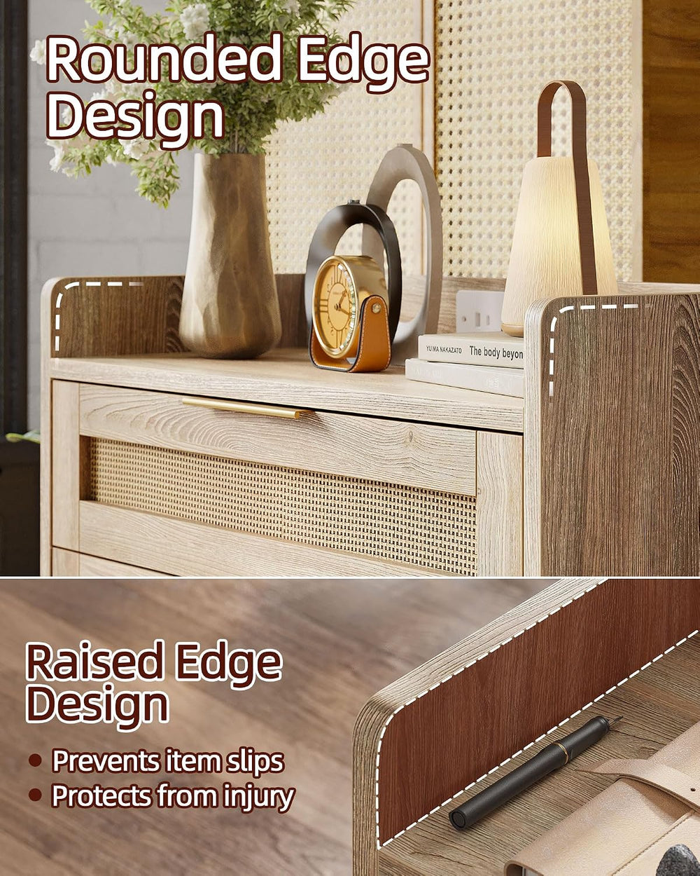 TIQLAB Bed Side Table Set of 2 with Charging Station, 3 Drawers Rattan Night ...