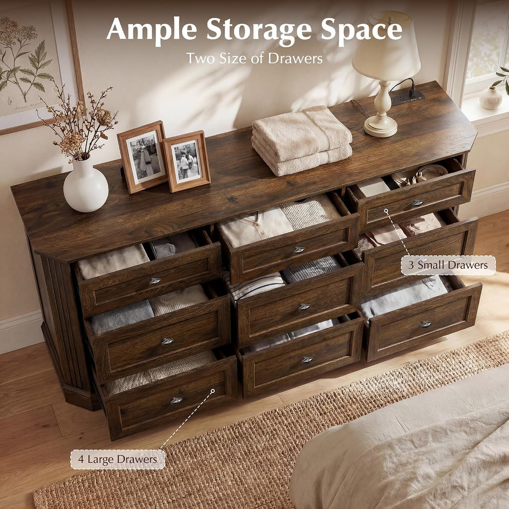 Farmhouse 9 Drawers Walnut Dresser for Bedroom, 63.07" Wide Chest of Dra...