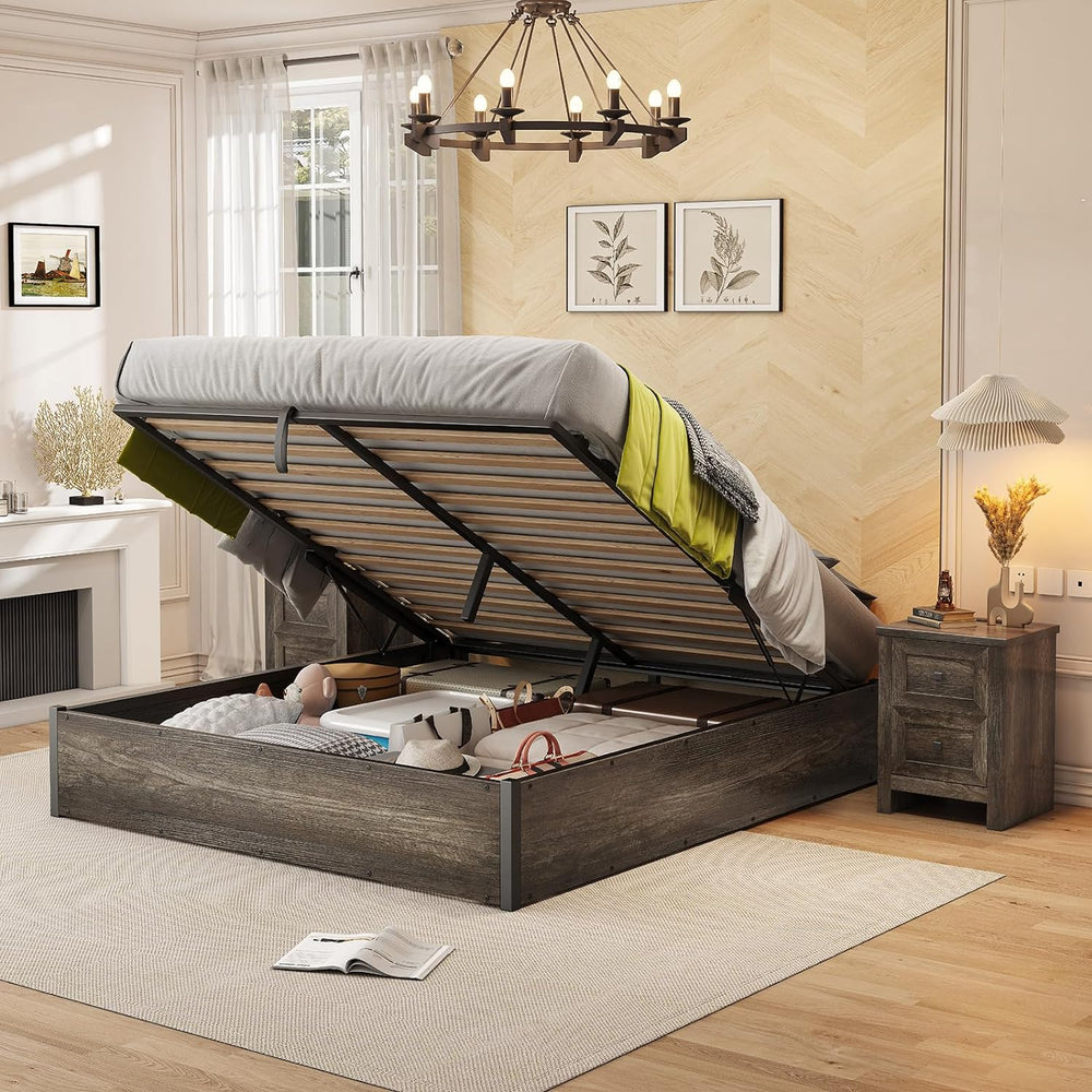 AMERLIFE Queen Size Lift Up Storage Bed Frame, Rustic Grey