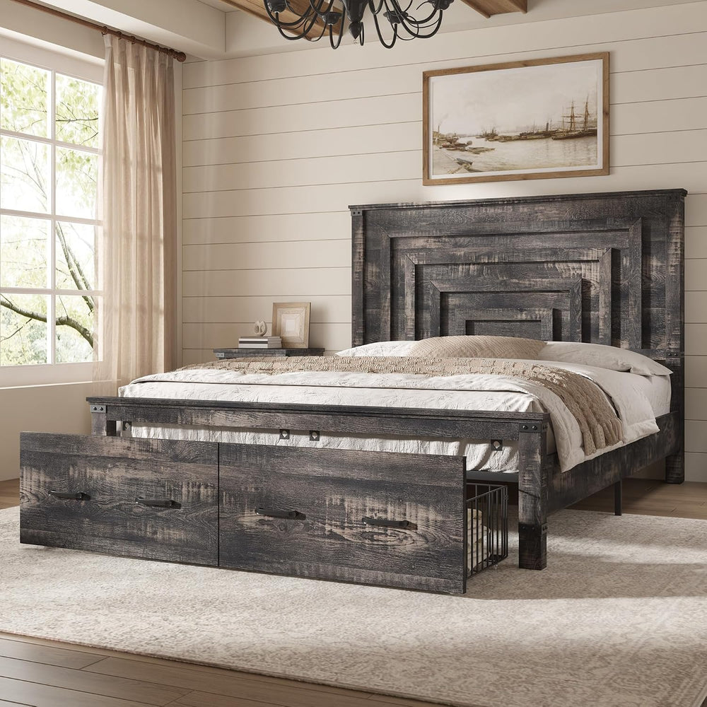 AMERLIFE Full Bed Frame with 54" Headboard & Storage, Black Oak