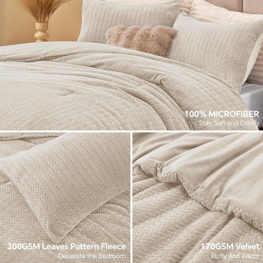 ChiXpace Fleece Full Size Comforter Set Linen, Fluffy Bed Set 3 Pieces