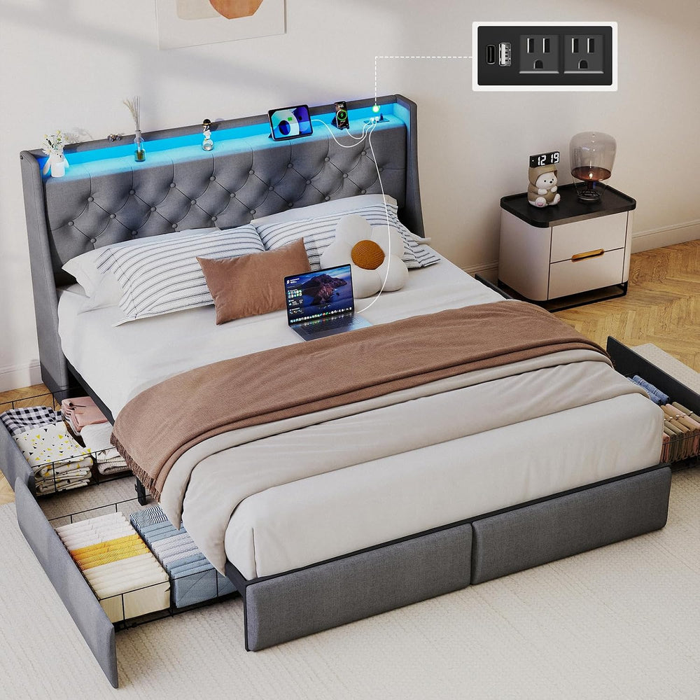 SADENICEL Queen Bed Frame with 4 Storage Drawer, Queen Size Bed Frame, Grey