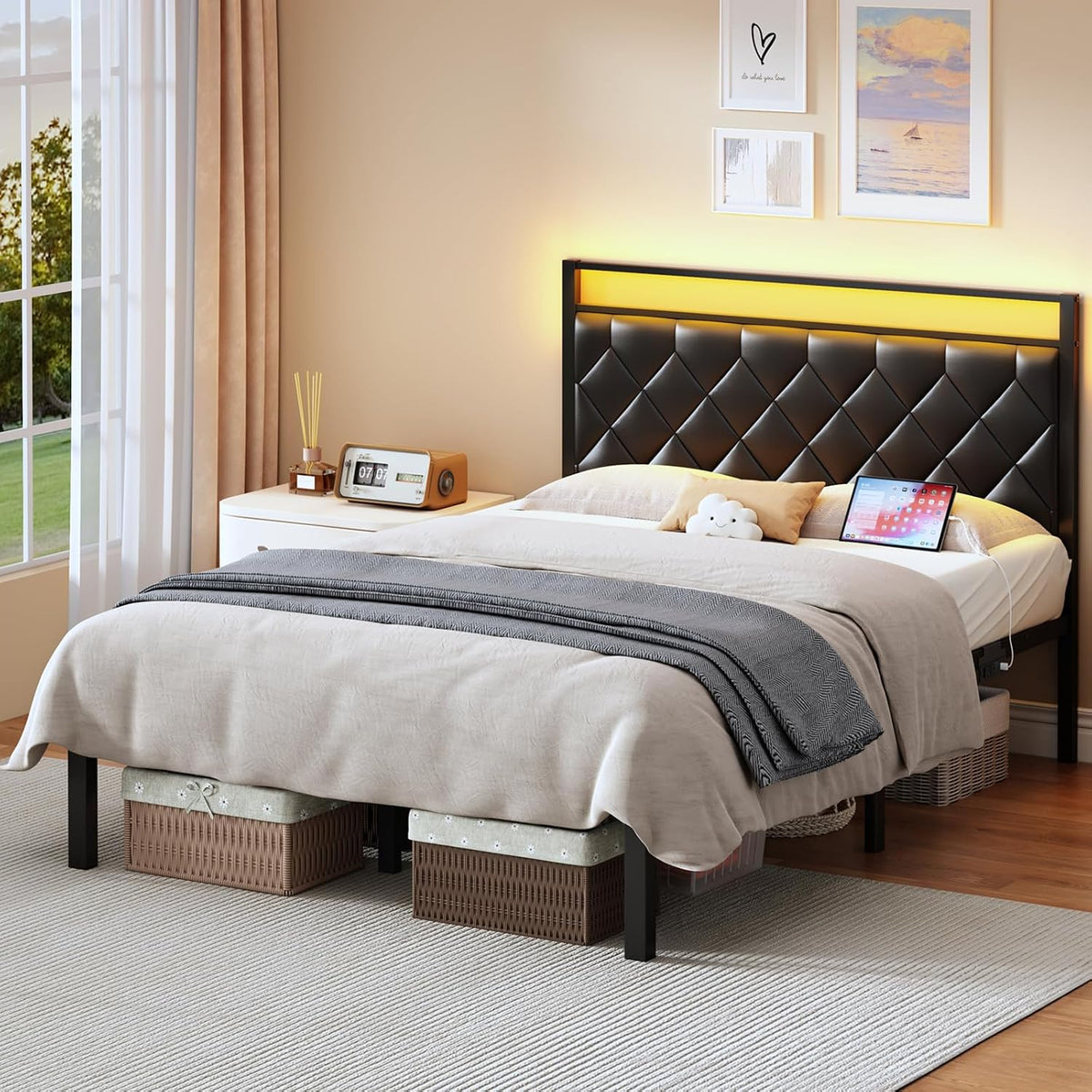queen size bed frames with charging station &, front angle view