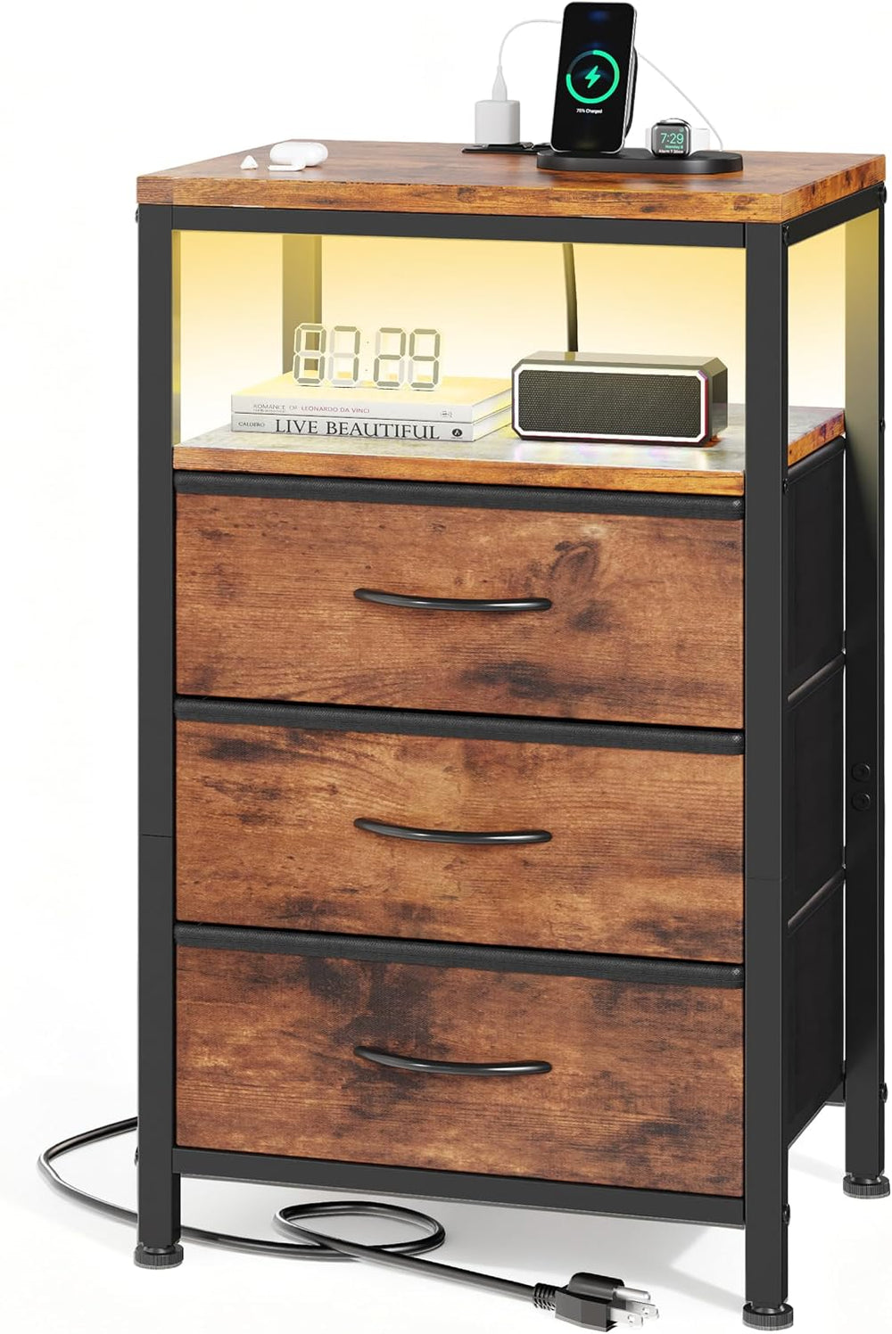 Sweetcrispy Nightstand with Charging Station 5 Fabric Drawers Bedside Table